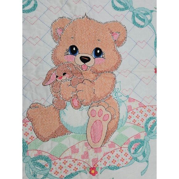 Handmade Embroidered Baby Quilt With Adorable Teddy Bear & Bunny Design - Picture 7 of 11